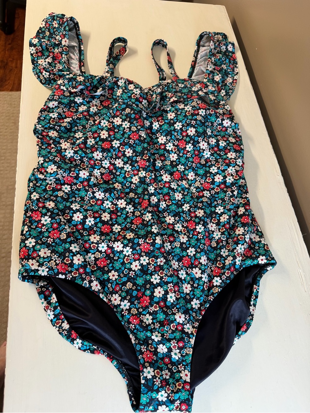 Lands' End Black One-Piece Swimsuit with Multicolor Floral Trim NWOT